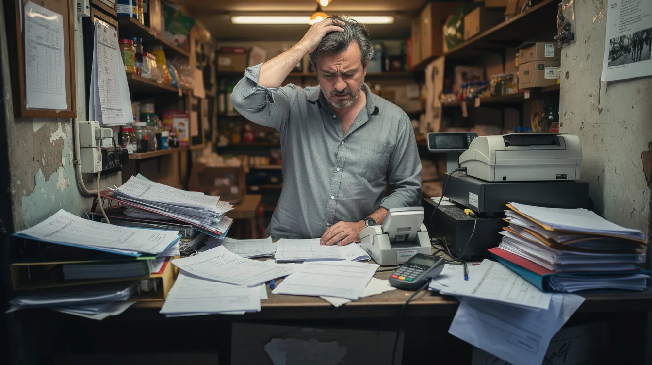 The image depicts a frustrated entrepreneur at a small shop counter, surrounded by scattered papers and files, reflecting the chaos of managing business transactions and dealing with mudra loan application challenges. The disarray suggests issues related to loan approval, eligibility criteria, and the importance of having a clear business plan.