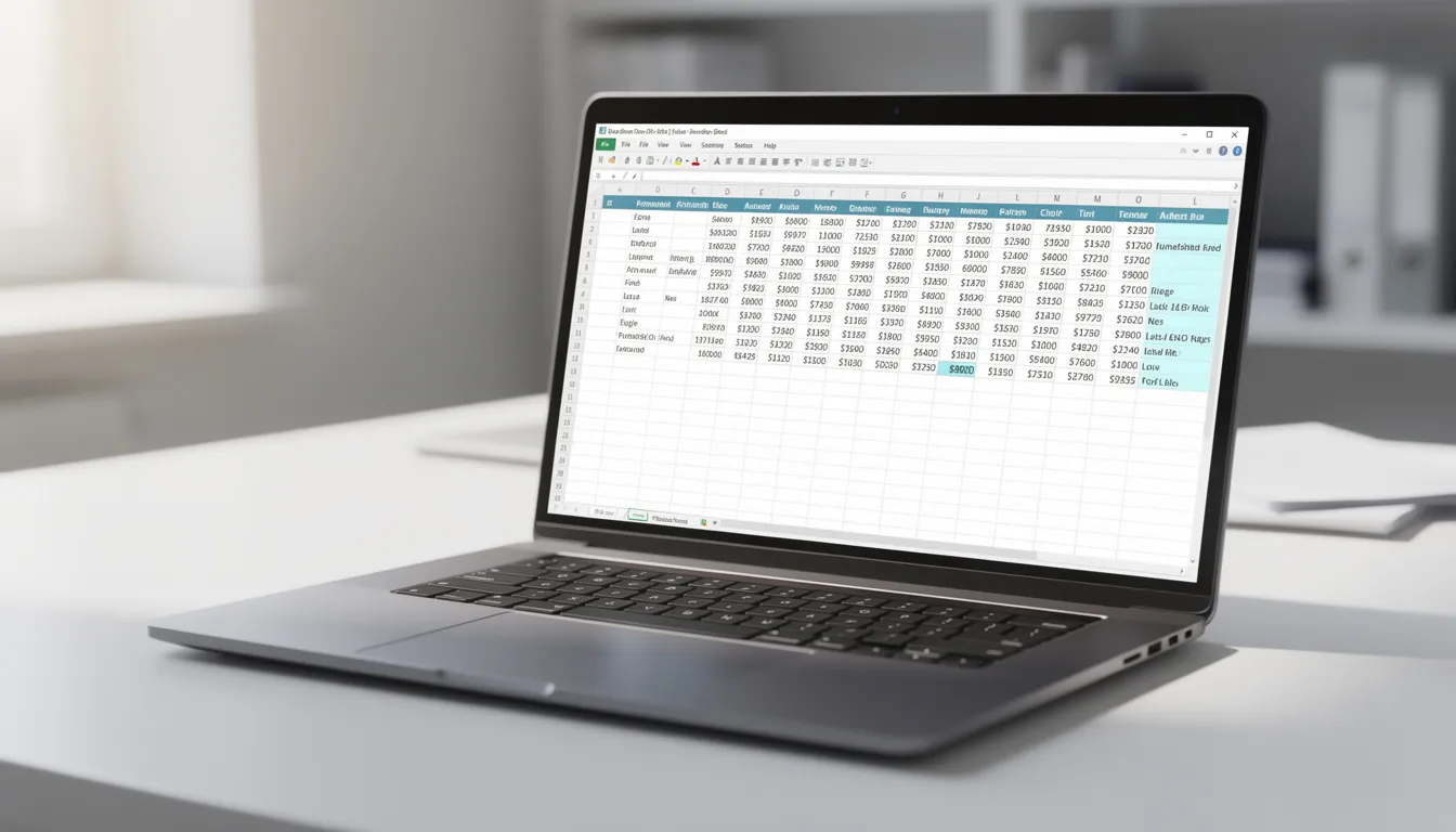 A laptop computer with a detailed spreadsheet open, displaying rows of data that relate to probate leads or real estate listings.