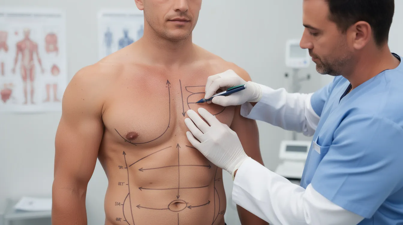 Un cirujano está realizando marcaciones corporales preoperatorias en el torso de un hombre, preparándose para un procedimiento de liposucción masculina. Las líneas indican las áreas específicas donde se llevará a cabo la lipoescultura para mejorar el contorno del cuerpo y eliminar depósitos de grasa.
