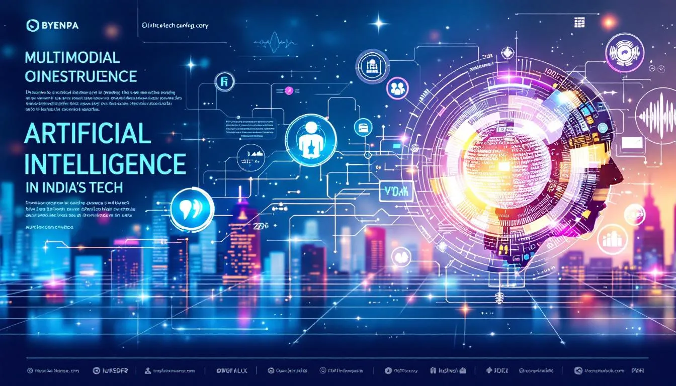 The image depicts a vibrant representation of artificial intelligence technologies in India, showcasing various sectors such as healthcare and e-commerce. It emphasizes the integration of multimodal data and the potential of AI applications to drive innovation and address significant gaps in AI research and development.