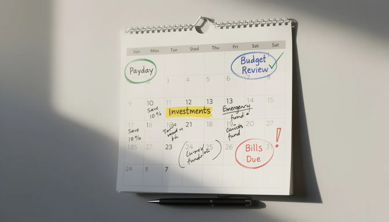 The image features a calendar with specific financial planning dates highlighted, including key deadlines for required minimum distributions (RMDs) from retirement accounts. Important dates for annuity payments and tax advice are also marked, emphasizing the need to satisfy RMD requirements for qualified retirement plans.