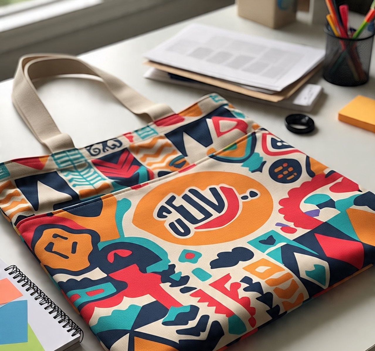 picture of a multicolored tote bag resting on a table, surrounded by an open jotter, a stack of neatly arranged books, and a pen holder filled with pens.