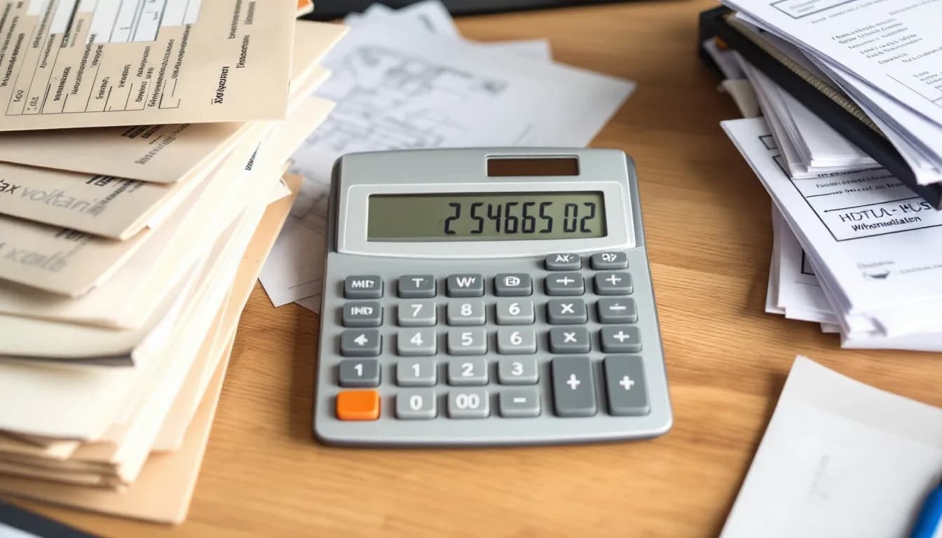 Auf dem Bild ist ein Taschenrechner zu sehen, der neben Steuerunterlagen und Dokumenten zu einer PV-Anlage liegt. Diese Materialien sind relevant für Eigenheimbesitzer, die sich mit der Abschaffung des Eigenmietwerts und den damit verbundenen Steuerabzügen auseinandersetzen.
