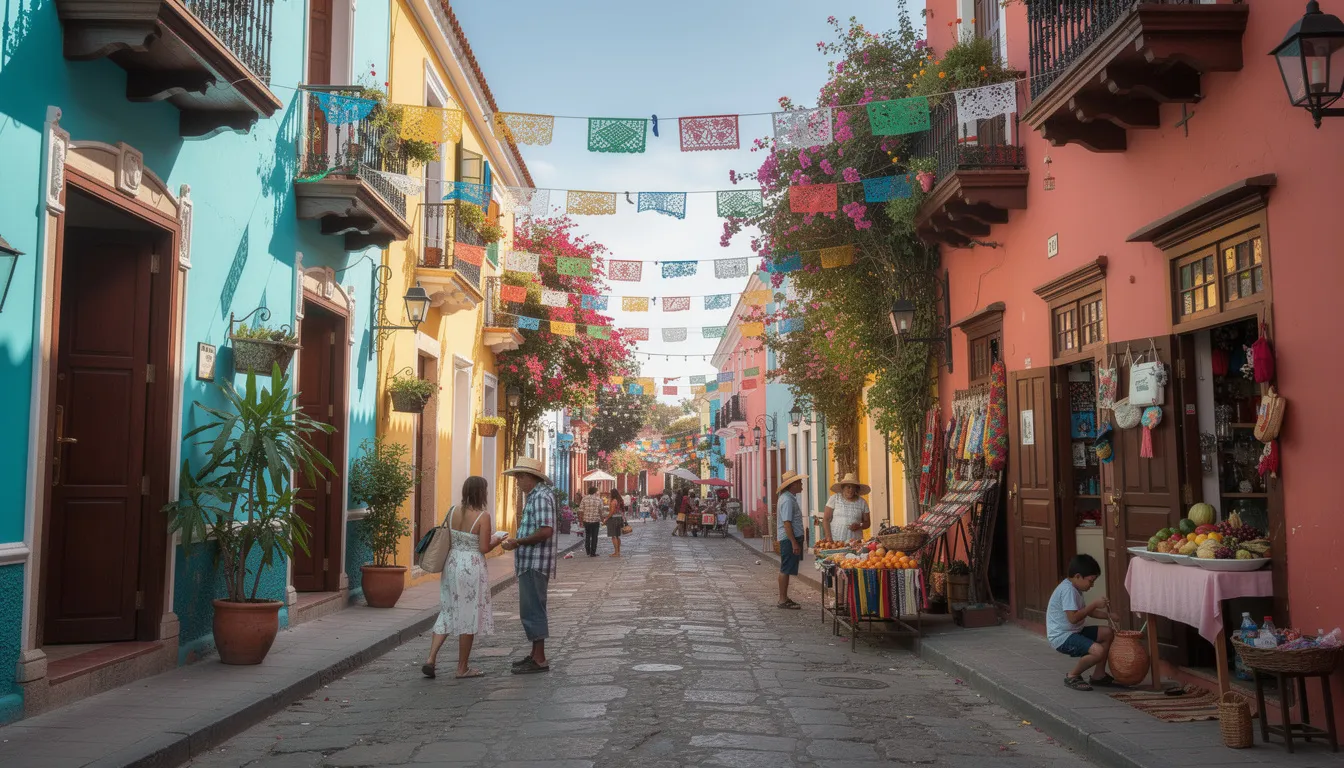 Na obrazku widoczna jest kolorowa scena uliczna w Ameryce Łacińskiej, z charakterystyczną kolonialną architekturą. W tle można dostrzec elementy kultury hiszpańskojęzycznej, które podkreślają różnorodność kulturową tego regionu, gdzie mówi się po hiszpańsku.