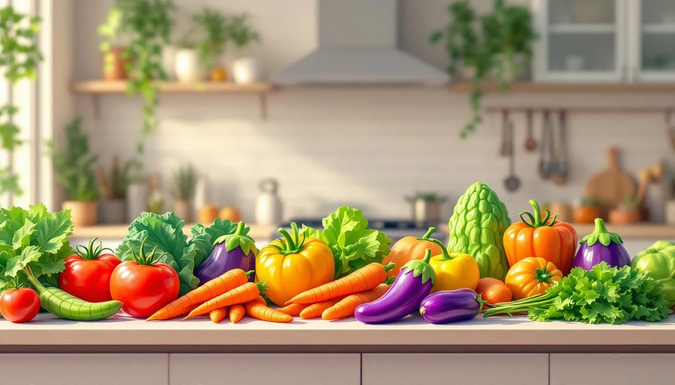 A visually appealing layout of earth energy fruits and veggies in a modern kitchen.