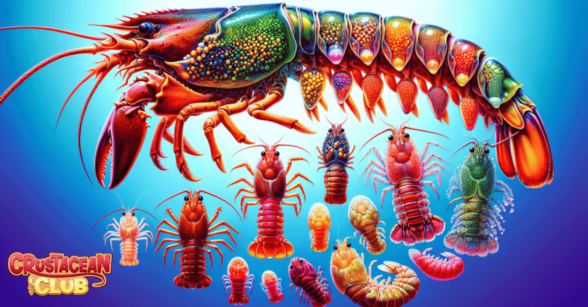 Colorful illustration depicting the stages of lobster life cycle