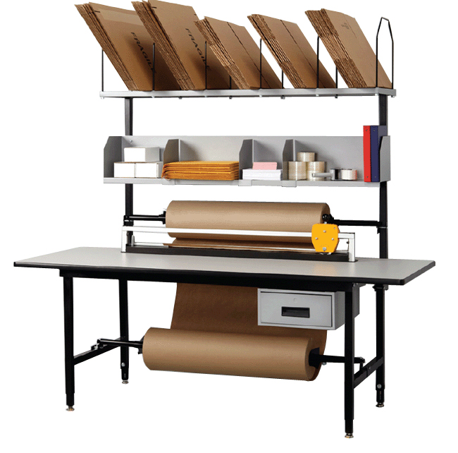 A warehouse packing table with various packaging materials and tools