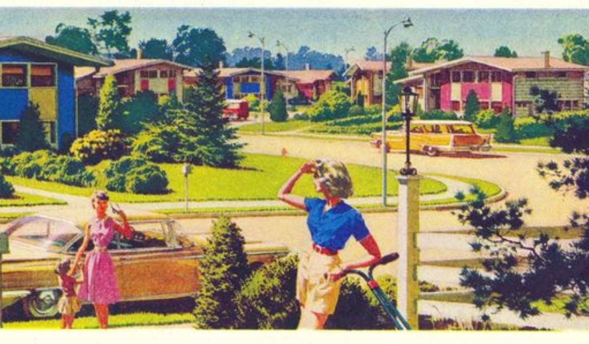 Colourful illustrated image of an idealised 1950s suburban Aerica