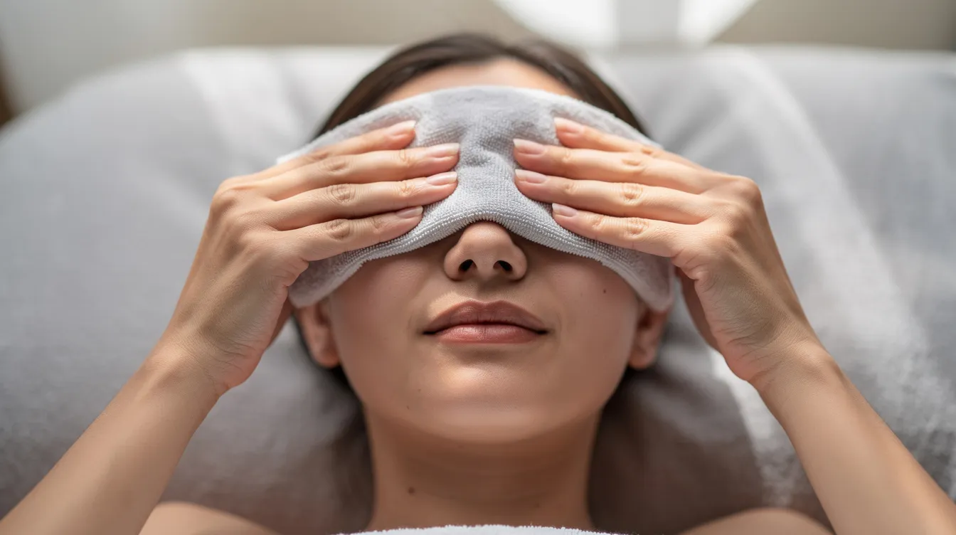 Una persona está recostada y aplica suavemente una compresa fría sobre sus ojos cerrados, buscando aliviar la hinchazón después de una posible cirugía de párpados. La imagen transmite un momento de cuidado y recuperación en el proceso postoperatorio.