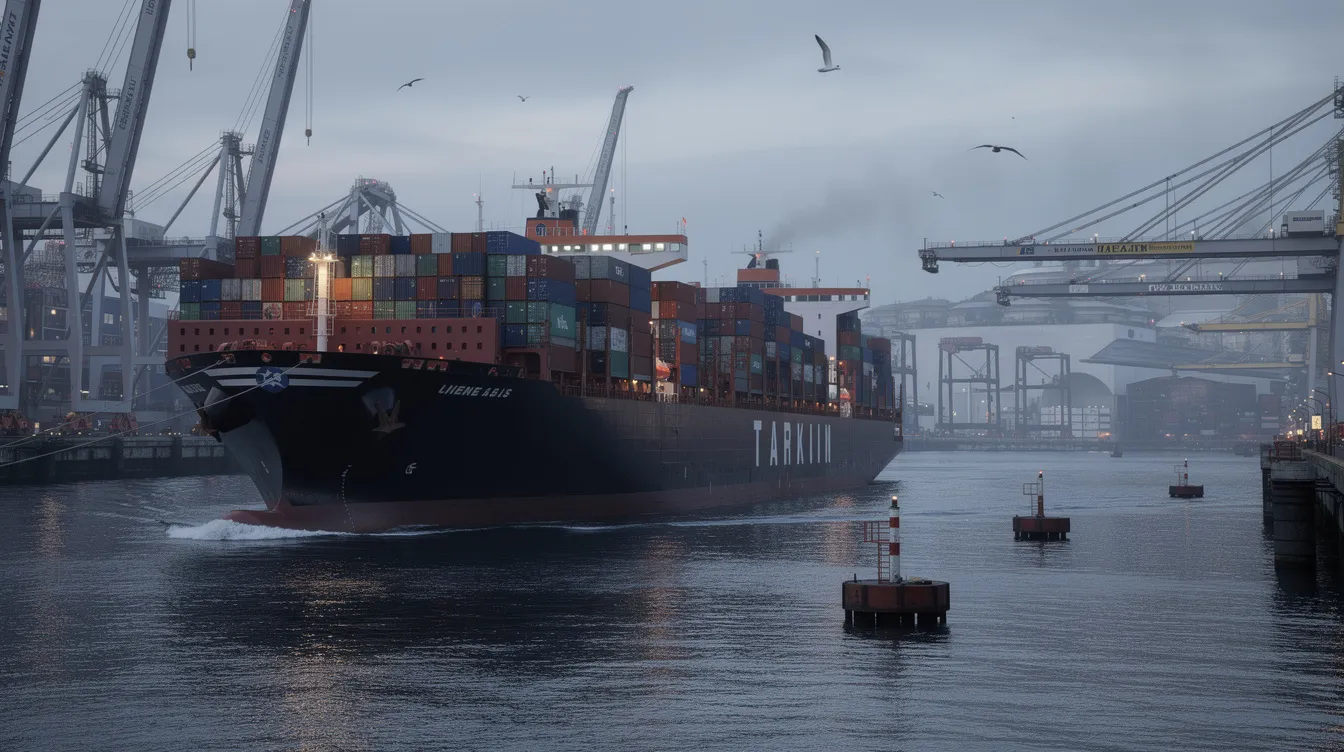 A cargo ship navigates through an industrial port canal, surrounded by large cranes and shipping containers. This scene highlights the bustling maritime activity, which is crucial for understanding the complexities of maritime law and the role of abogados de accidentes marítimos en Houston in cases of maritime injuries.