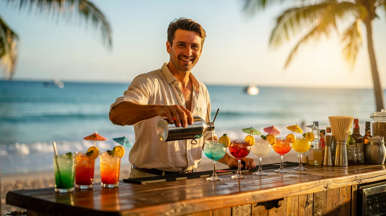 A person is serving colorful drinks at a vibrant outdoor beachside bar, with a stunning turquoise sea in the background, embodying the essence of a dream job abroad. This scene captures the joy of working in beautiful destinations while enjoying new adventures and making new friends in a different culture.