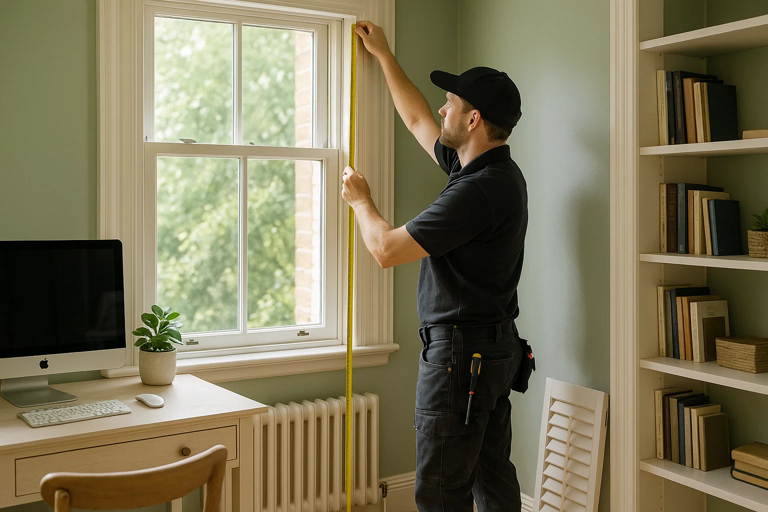 Installer measuring a sash window for made-to-measure shutters in a home office.