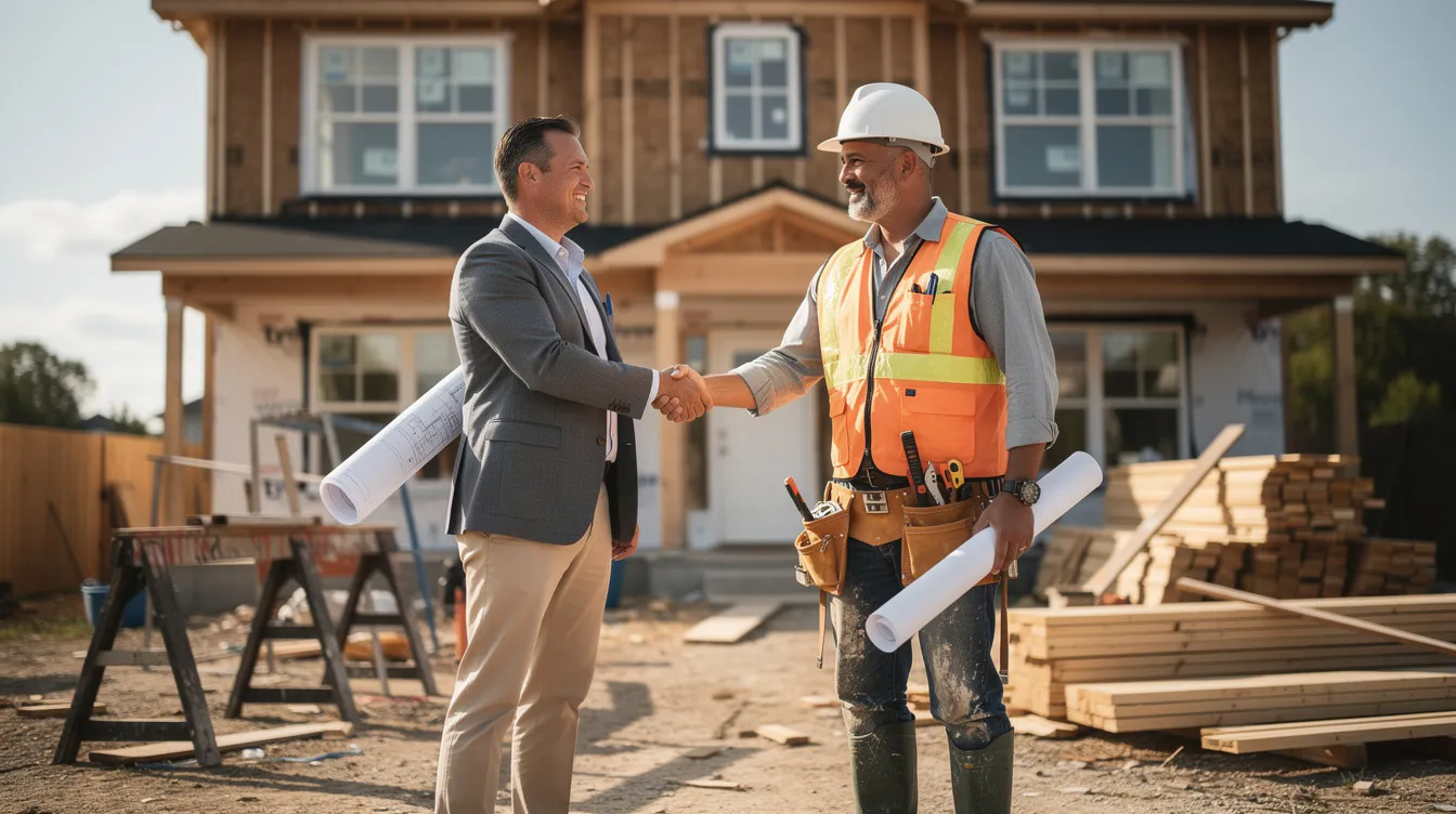 An investor is shaking hands with a contractor at a residential renovation site, symbolizing a partnership for home improvements. This meeting could potentially involve discussions about financing options such as a home equity line of credit or a cash-out refinance to fund the renovation project.