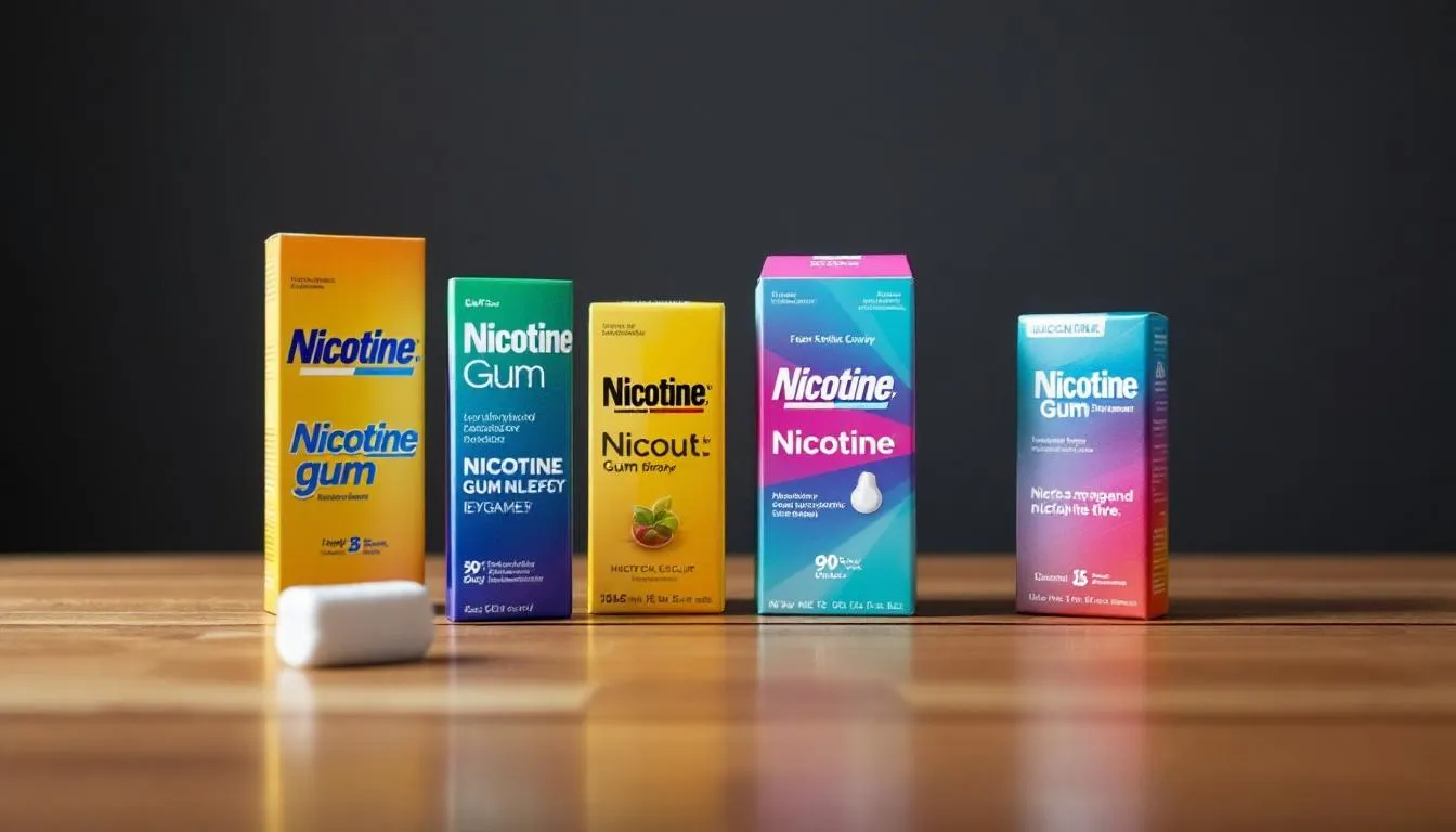 An assortment of nicotine gum packages displayed on a table.