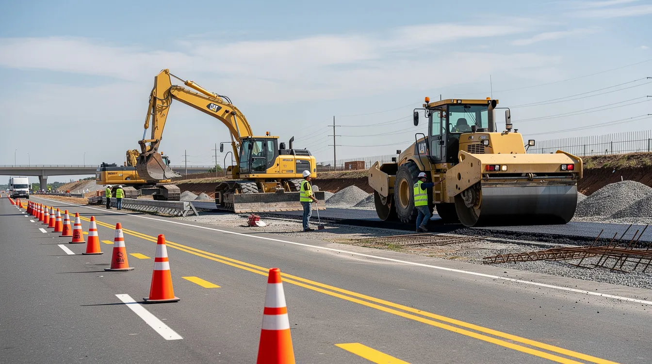 The image shows heavy construction equipment actively working on a road project, surrounded by orange traffic cones for safety. This scene reflects the ongoing federally funded infrastructure projects aimed at improving public roads and highlights the importance of compliance with the Buy America Act in using domestic construction materials.