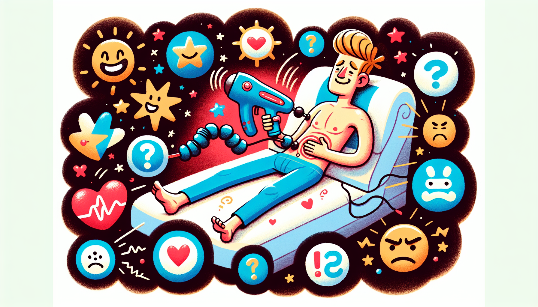 An illustration showing a person using a massage gun on their stomach, exploring the pros and cons.