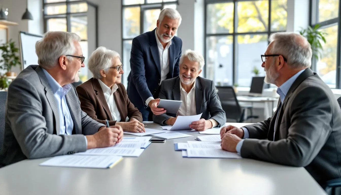 A group of Arkansas retirees is seated around a table, engaged in a consultation with financial advisors as they review various retirement planning documents. The atmosphere is focused, highlighting the importance of understanding taxes, benefits, and healthcare costs for a secure financial future.