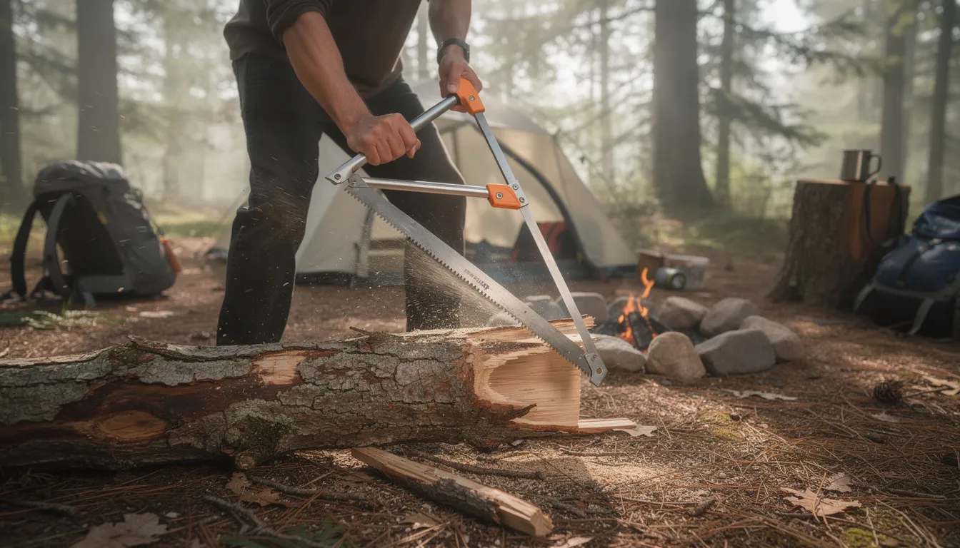 A person is using a triangular-frame bow saw with a sharp blade to cut through a fallen log at a forest campsite, showcasing the tool's solid construction and effective cutting ability for firewood and larger branches. The scene captures the practicality of using this durable folding saw in a natural setting, ideal for car camping and trail clearing.