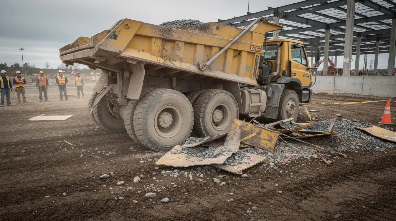 The image shows a damaged dump truck at a construction site, overturned after a rollover incident, illustrating the serious consequences of truck accidents. Such incidents can lead to severe injuries and significant legal complexities, highlighting the need for experienced truck accident lawyers in Conroe to help victims seek fair compensation.