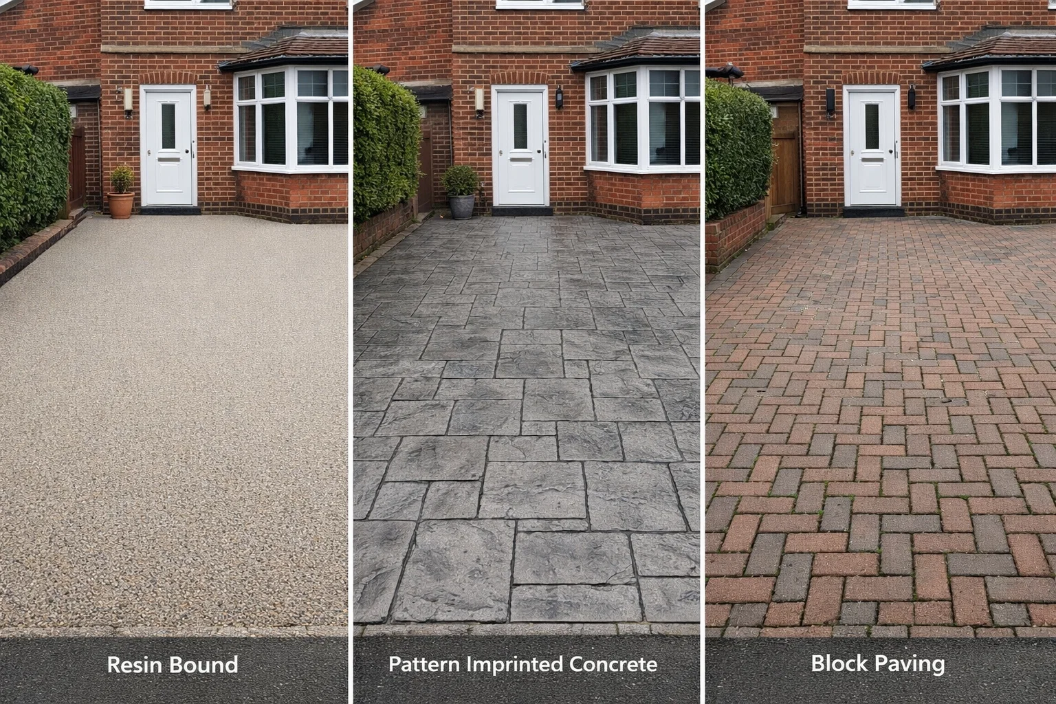 Comparison of resin bound driveway, imprinted concrete driveway and block paving outside UK homes.