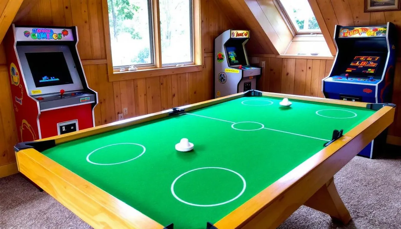 The image shows a vibrant game room filled with an air hockey table and a selection of vintage arcade games, perfect for entertainment at the Brian Head Resort. Guests can enjoy a fun atmosphere while relaxing in this lodge, ideal for families and friends visiting Southern Utah.