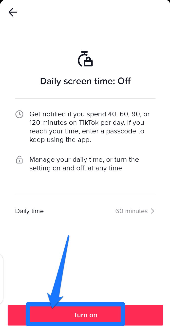 Screenshot showing how to turn on daily time limit on TikTok