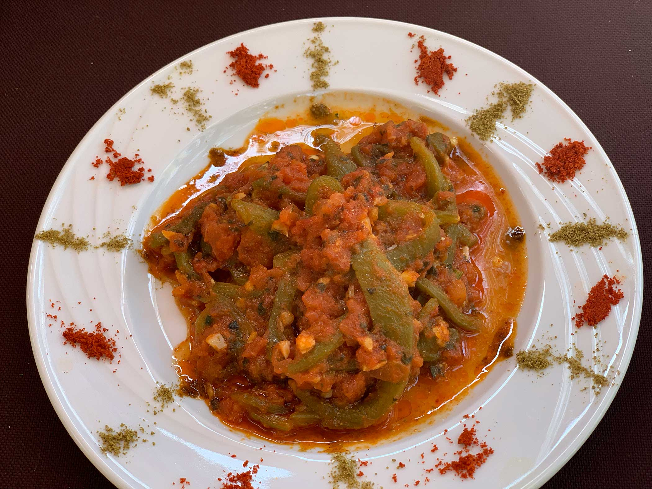 Taktouka: roasted peppers and tomato served as a favorite side dish in Morocco