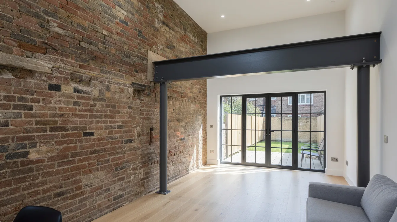 A steel beam is prominently installed in a Victorian terraced house extension, showcasing its structural support amid exposed brickwork. This image highlights the integration of steel products in building projects, emphasizing the importance of quality materials and precision in construction.