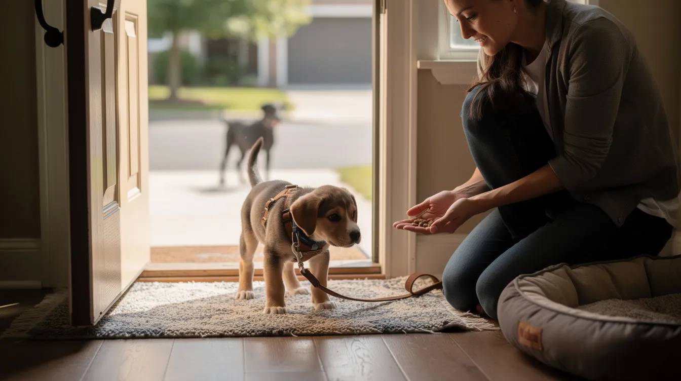 The image depicts a concerned puppy exhibiting fearful body language, such as wide eyes and a lowered posture, in response to a harmless object like a plastic bag blowing in the wind. This scene illustrates the common challenges faced during the puppy fear period, highlighting the importance of early socialization and positive reinforcement training to help the puppy navigate these normal developmental phases.