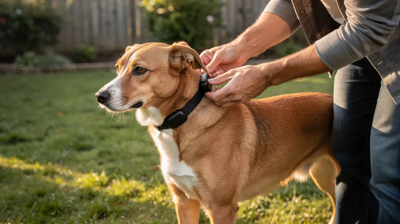 An owner is outdoors fitting a GPS dog collar on a medium-sized dog, preparing for a day of outdoor adventures. The collar is designed for real-time location tracking, ensuring the pet's safety and allowing dog owners to monitor their furry friend's whereabouts with accurate tracking.