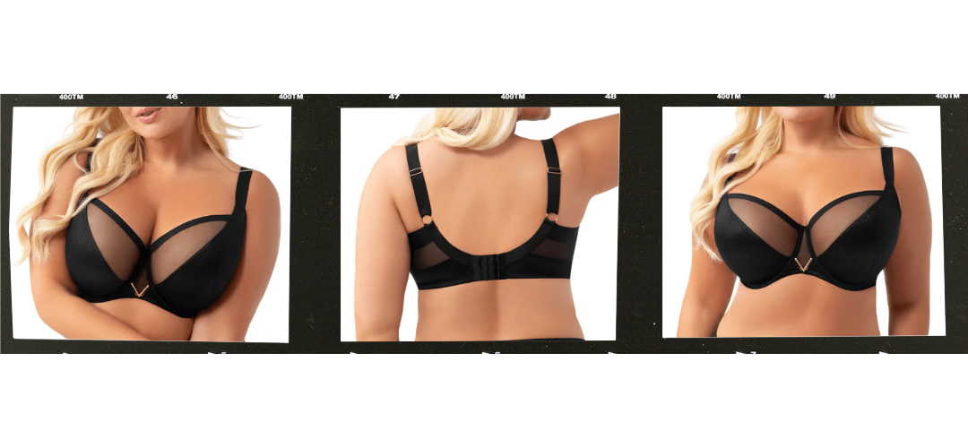Gorsenia Vicky Polish Bra shown in front, back, and fit views highlighting full-bust support and construction