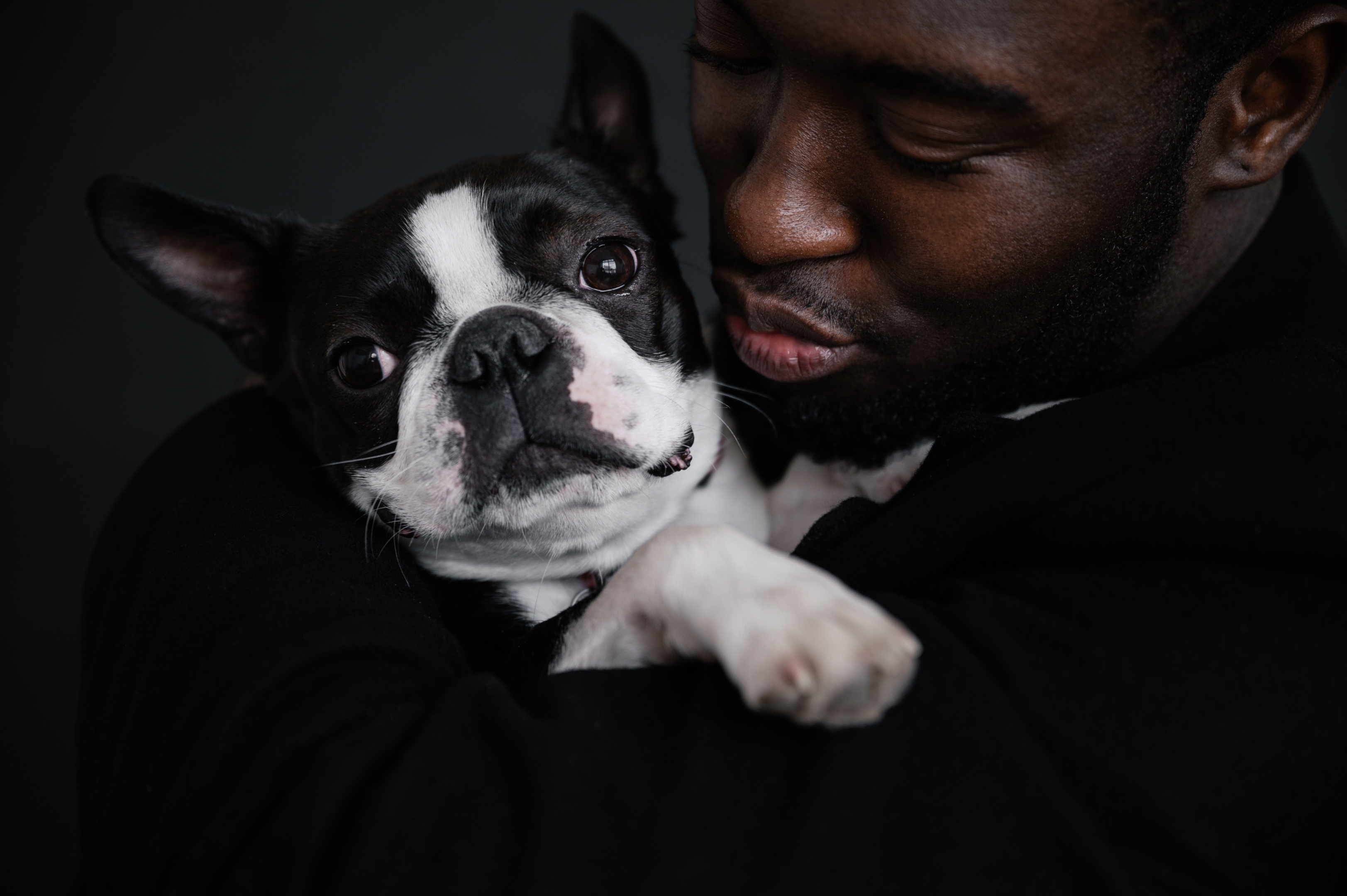 Owner hugs his Senior Boston Terrier
