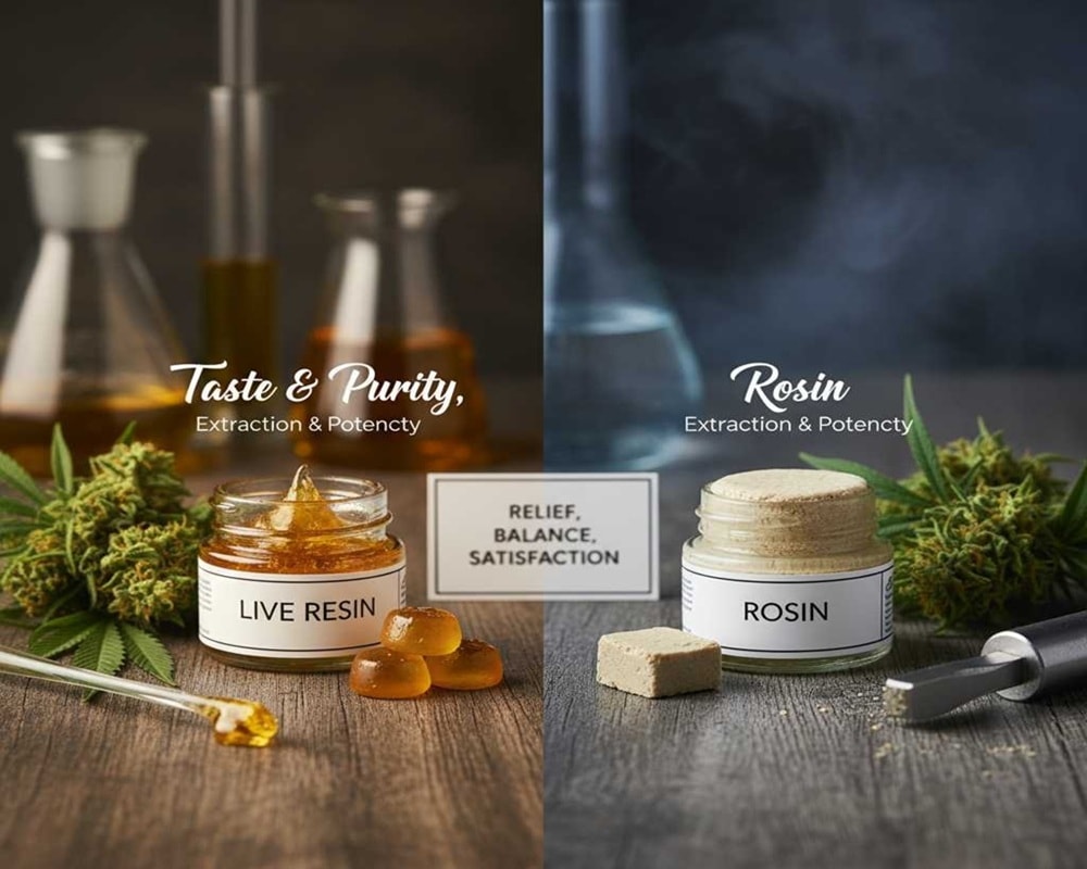 A split image contrasting live resin and rosin cannabis concentrates. The left side, labeled "Taste & Purity, Extraction & Potency" and "Live Resin," shows a small jar of golden, translucent live resin, along with some amber gummies, a dab tool with resin, and cannabis buds. In the background, laboratory beakers suggest extraction. The right side, labeled "Rosin, Extraction & Potency," displays a jar of lighter, opaque rosin, a pressed rosin slab, cannabis buds, and a dab tool. The background features a beaker with a smoky effect. In the center, a white card reads "Relief, Balance, Satisfaction." Both sides are on a rustic wooden surface.