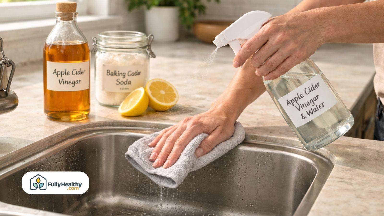 Person spraying apple cider vinegar solution while wiping kitchen sink with cloth