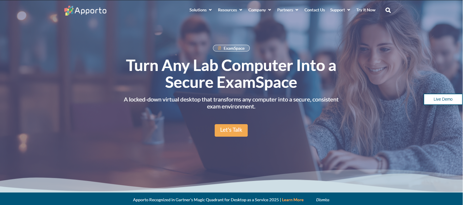 Apporto ExamSpace homepage showcasing a locked-down virtual desktop solution for creating secure online exam environments in computer labs.