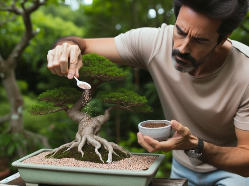 The dedicated bonsai enthusiast delicately administers organic fertilizer to his cherished bonsai tree.