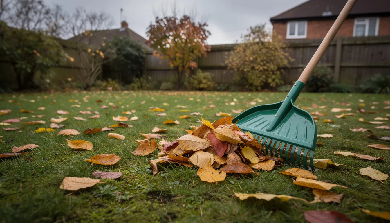 A gardener is raking a lawn covered with scattered autumn leaves in a UK garden, preparing for the upcoming winter months. The scene highlights the importance of lawn maintenance and care, ensuring a healthy and lush lawn for the next growing season.