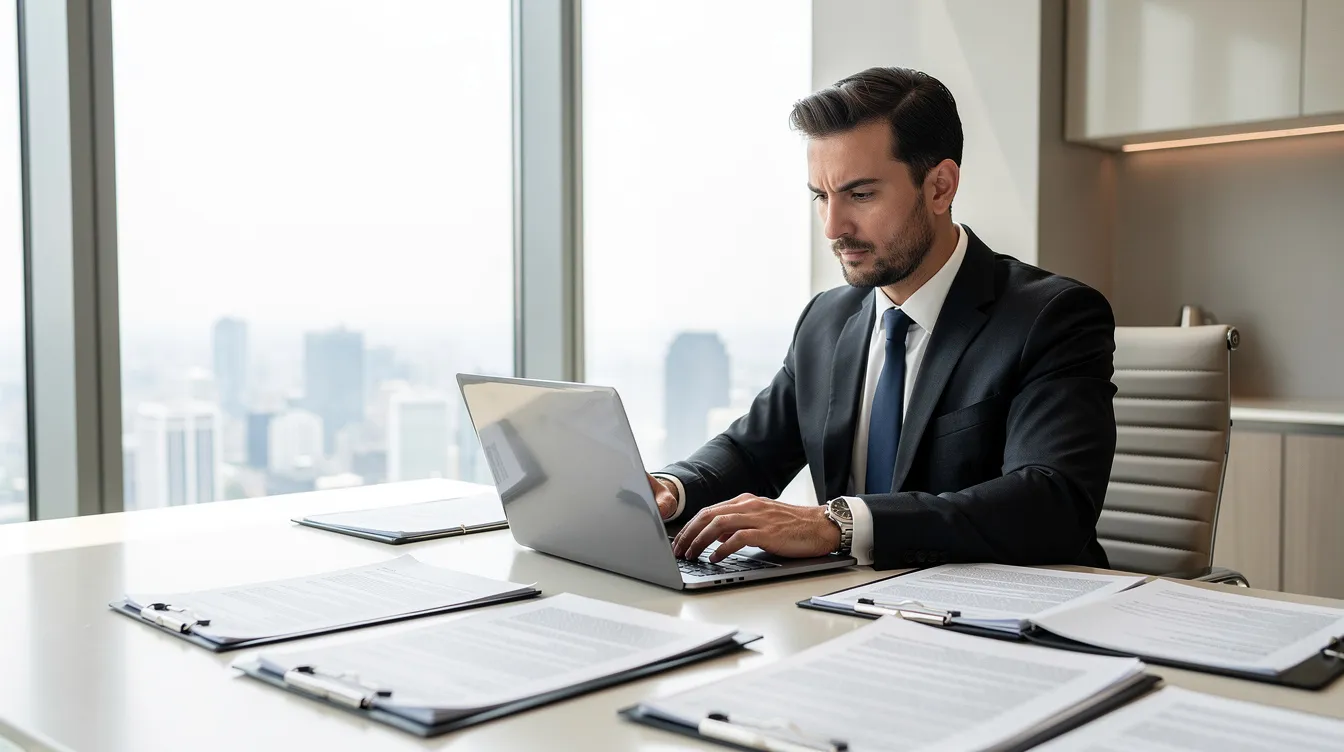 A lawyer is focused on reviewing legal documents on a laptop in a modern office, highlighting the integration of technology in the legal profession. This scene reflects the evolving landscape of law firms as they embrace AI tools to enhance legal research and streamline routine tasks, while still relying on human judgment for complex legal matters.