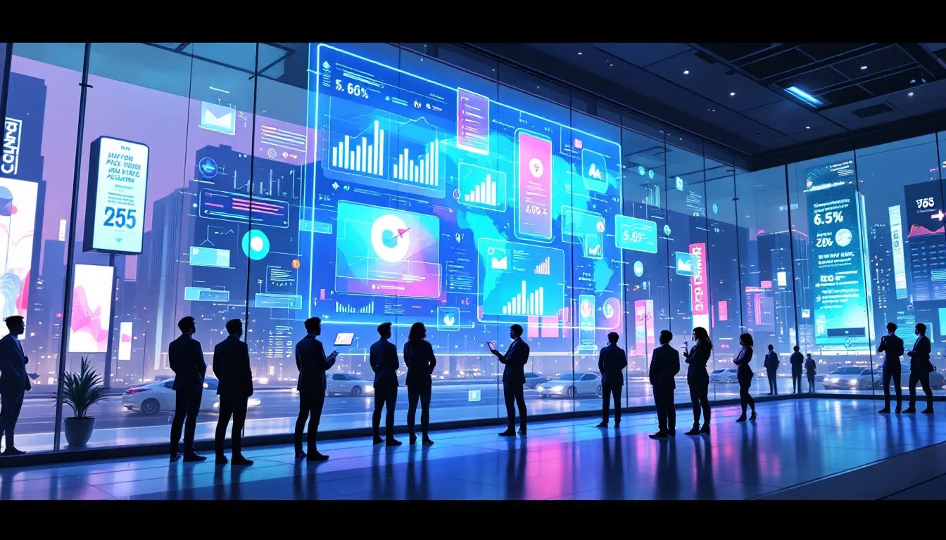 In this image, a futuristic digital landscape showcases various elements of PPC advertising, including graphs depicting campaign performance, Google Ads logos, and visuals representing successful PPC campaigns. The scene emphasizes the importance of digital marketing strategies, ad spend, and the role of PPC specialists in optimizing paid search advertising.