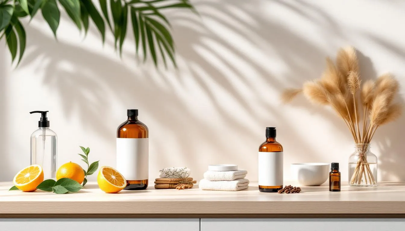 An eco-friendly cleaning setup with natural cleaning products, representing eco-friendly sofa cleaning options.