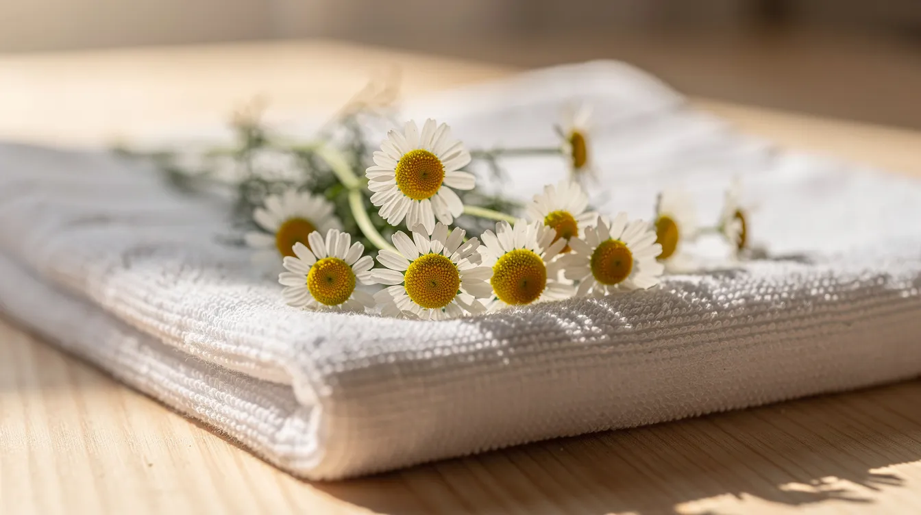 Eine Nahaufnahme von frischen Kamillenblüten liegt neben einem weichen Handtuch auf einem hellen Holztisch und vermittelt eine entspannende Wellness-Atmosphäre. Diese natürliche Umgebung könnte Frauen ansprechen, die nach Hausmitteln gegen Scheidenpilz und Möglichkeiten zur Linderung von Beschwerden im Intimbereich suchen.