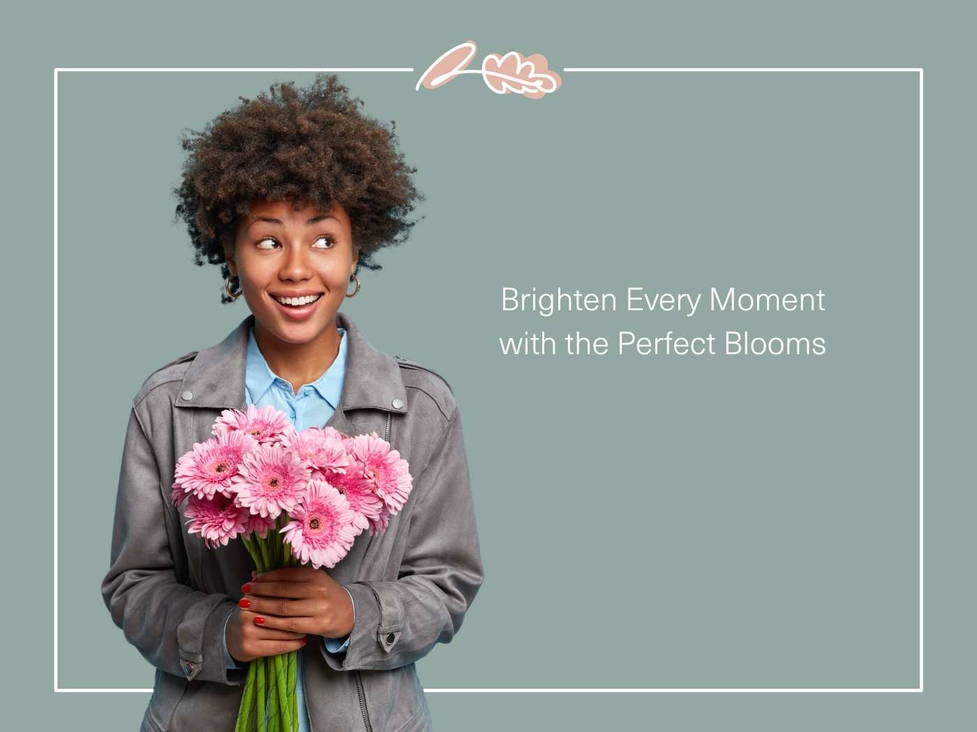 Woman holding pink gerbera daisies, smiling brightly with the phrase 'Brighten Every Moment with the Perfect Blooms' - a guide to selecting flower bouquets for any occasion.