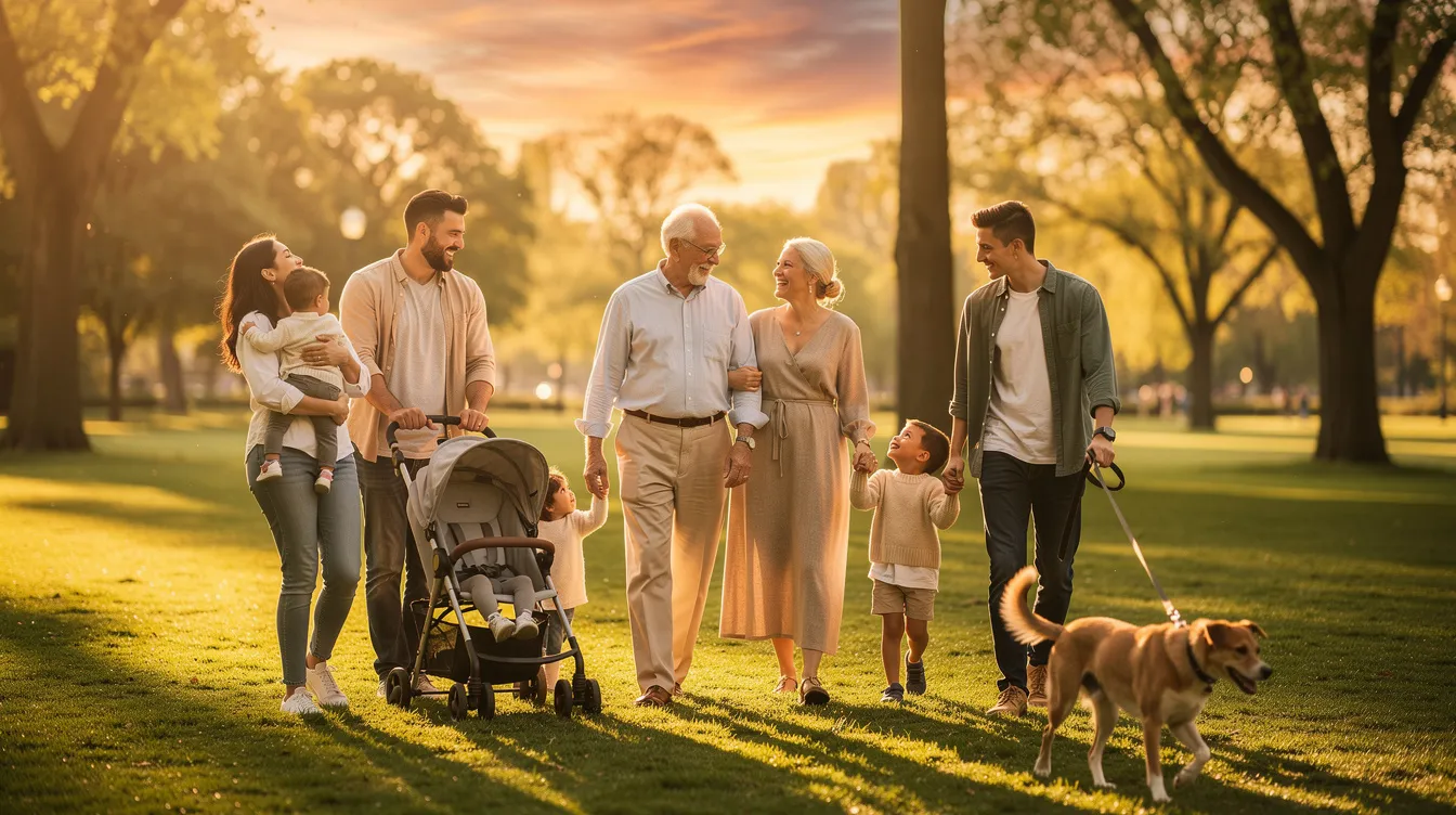 A multi-generational family strolls together in a park during golden hour, symbolizing the importance of collaboration in financial planning and estate planning to ensure a secure financial future for loved ones. The warm light highlights their connection, reflecting the deep interconnection between family values and financial strategies.