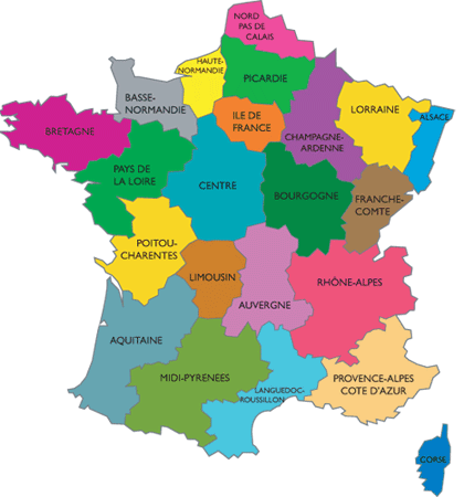 L'image représente une carte de France illustrant les noms des différentes régions. Chaque région est clairement délimitée, permettant de visualiser la répartition géographique des niveaux de vie et des salaires en France.