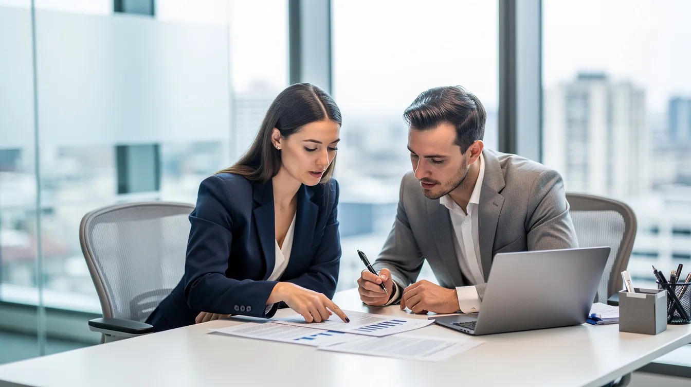 In a modern office setting, two professionals are engaged in a discussion while reviewing paperwork related to family law, specifically focusing on issues such as domestic partnership and court orders. The atmosphere is collaborative as they work through the necessary forms and processes required for legal matters in California.