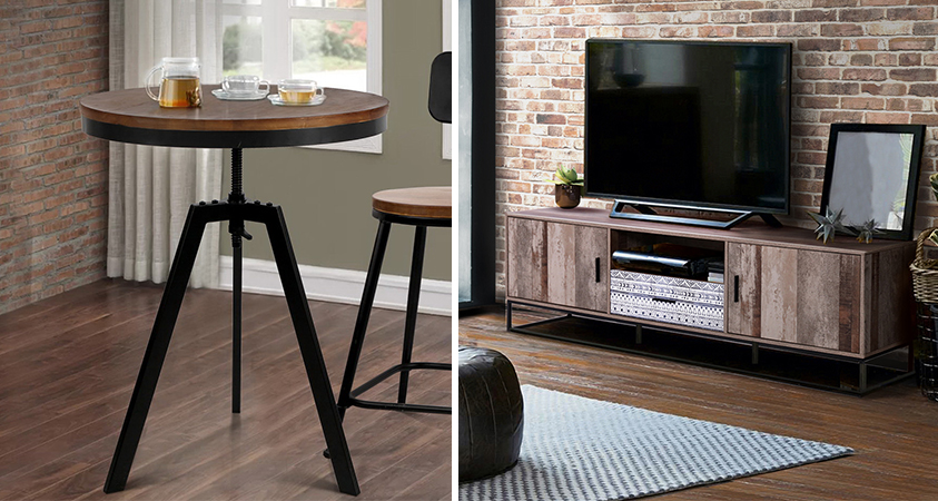 The Artiss Ferrum industrial bar table and an Artiss Marca entertainment unit shown side by side.