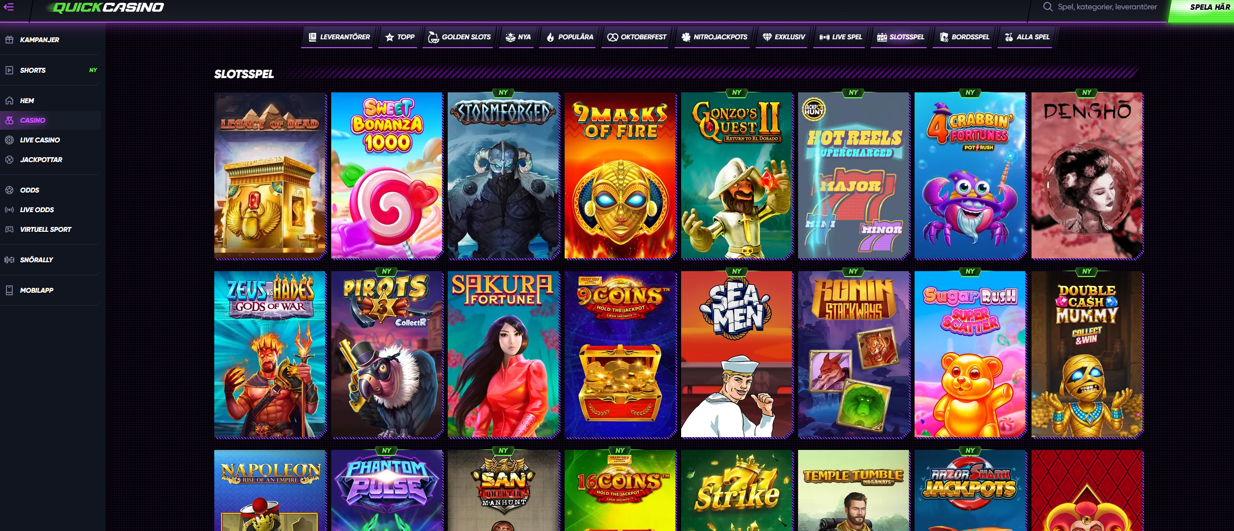 Utbud av slotspel hos Quick Casino med både nya och populära titlar.