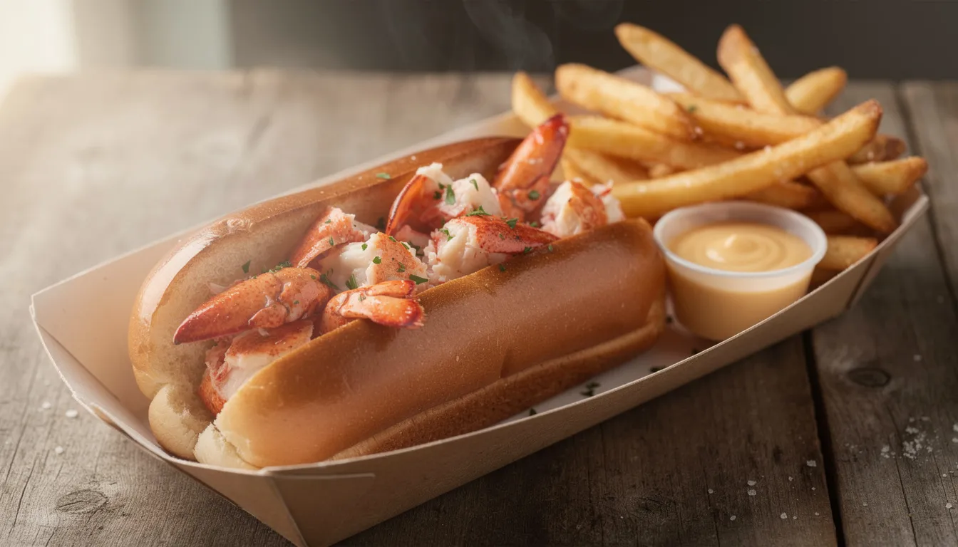The image features a New England style lobster roll, filled with succulent chunks of lobster, served alongside crispy fries. This delicious seafood dish is perfect for enjoying at one of the best seafood restaurants in Mexico Beach, Florida, where fresh local seafood is a must-try.