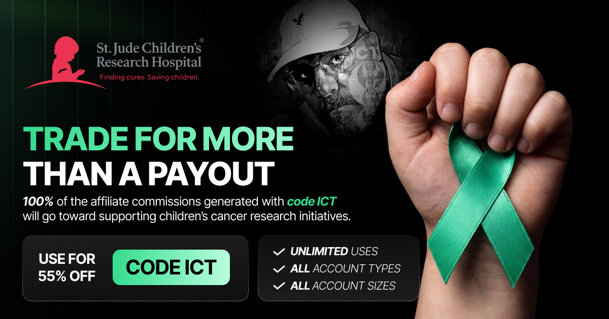 Funding Traders promotional graphic on a black background. In the upper left is the St. Jude Children's Research Hospital logo with its red kneeling child mark and tagline "Finding cures. Saving children." A faint grayscale portrait of a man in a cap sits behind the center. On the right, a photorealistic hand holds a green awareness ribbon. The headline reads "TRADE FOR MORE" in green and "THAN A PAYOUT" in white. Below in white text: "100% of the affiliate commissions generated with code ICT will go toward supporting children's cancer research initiatives." A dark pill at lower left reads "USE FOR 55% OFF" beside a green "CODE ICT" button. A second panel lists green checkmarks: "UNLIMITED USES," "ALL ACCOUNT TYPES," and "ALL ACCOUNT SIZES." The layout promotes a discount code tied to a children's cancer research charity donation.