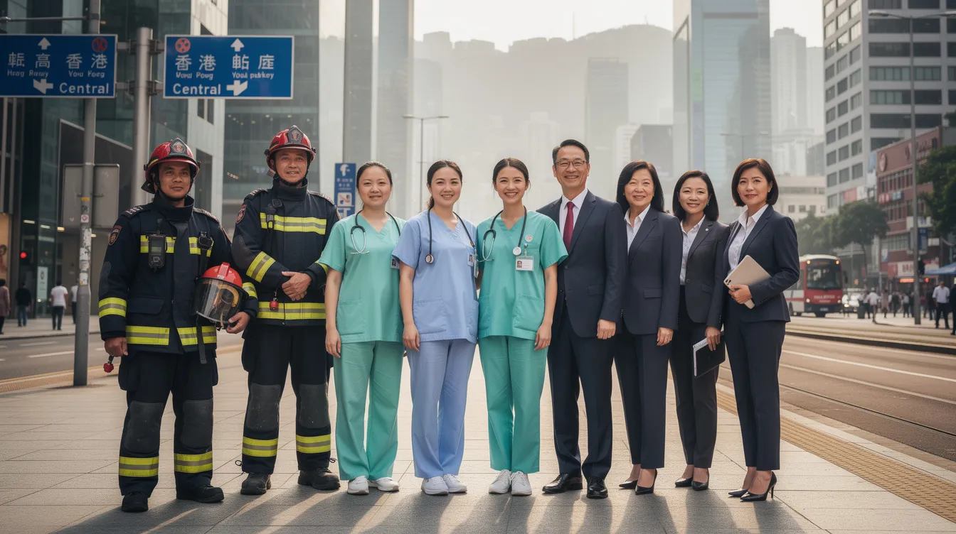 A diverse group of professionals stands together in Hong Kong, showcasing individuals in firefighter uniforms, medical scrubs, and office attire, representing various 公務員 職位 within the 香港 特別 行政區. This image highlights the unity and dedication of those serving the community in different capacities.